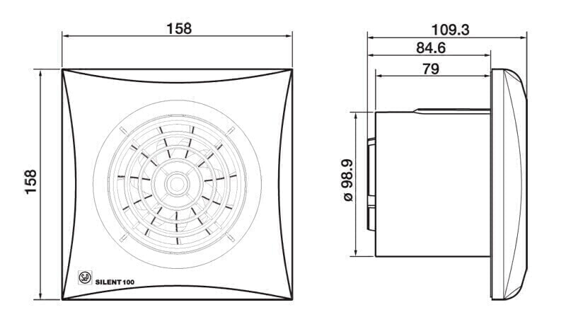 Vannas istabas nosūces ventilatora SILENT-100 CRZ SILVER izmēri 